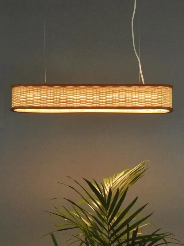 Luzea Rattan Cane Pendant Light - Long Bamboo Chandelier for Dining Room