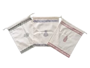 Block Printed Cotton Gift or Tambula Bags – Set of 3