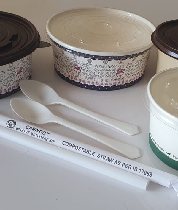 Paper containers with PLA coating and compostable lid.
